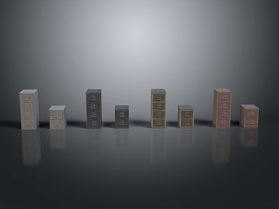 Display of Various Sizes and Colors Chest of Drawers on Reflective Gray Background 3d model
