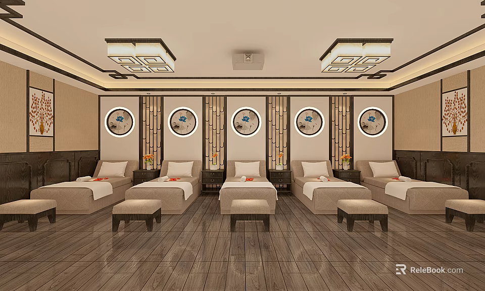 SPA Sauna Room Interior With Multiple Massage Beds Wooden Flooring And Circular Wall Decor 3d model 
