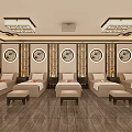 SPA Sauna Room Interior With Multiple Massage Beds Wooden Flooring And Circular Wall Decor