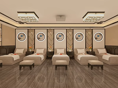 SPA Sauna Room Interior With Multiple Massage Beds Wooden Flooring And Circular Wall Decor 3d model