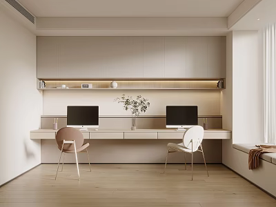 Modern Study Room With Natural Light Long Desk Two Computer Monitors And Chairs 3d model