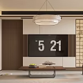 Chinese Style Living And Dining Room Interior With Sofa Coffee Table Chandelier And Calligraphy
