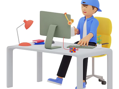 Man Using Computer At Desk With Red Lamp Books Keyboard And Yellow Chair 3d model