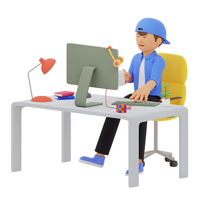 Man Using Computer At Desk With Red Lamp Books Keyboard And Yellow Chair 3d model
