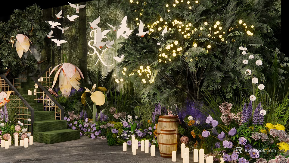 Romantic Garden Decor With Greenery Flowers String Lights And Paper Birds 3d model 