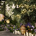 Romantic Garden Decor With Greenery Flowers String Lights And Paper Birds