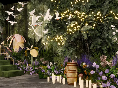 Romantic Garden Decor With Greenery Flowers String Lights And Paper Birds 3d model
