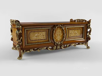 Classic Wooden TV Stand with Intricate Carvings and Ornate Gold Accents 3d model