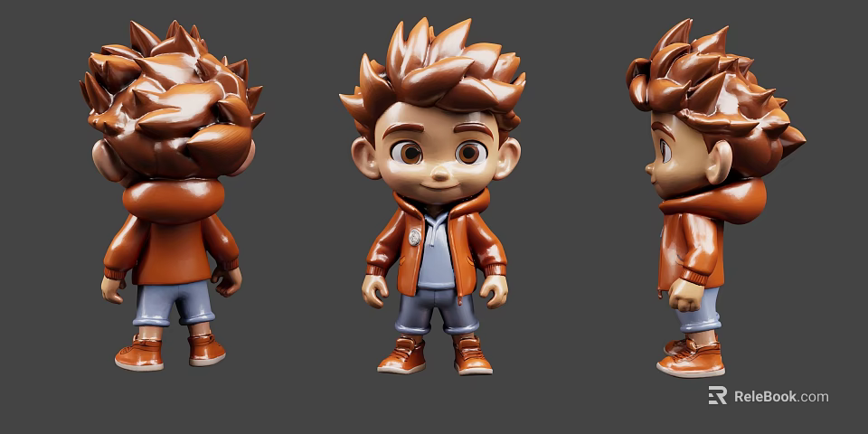Cartoon Game Movie Character 3D Model Three Angles View Brown Hoodie Blue Pants 3d model 