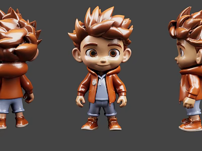 Cartoon Game Movie Character 3D Model Three Angles View Brown Hoodie Blue Pants 3d model