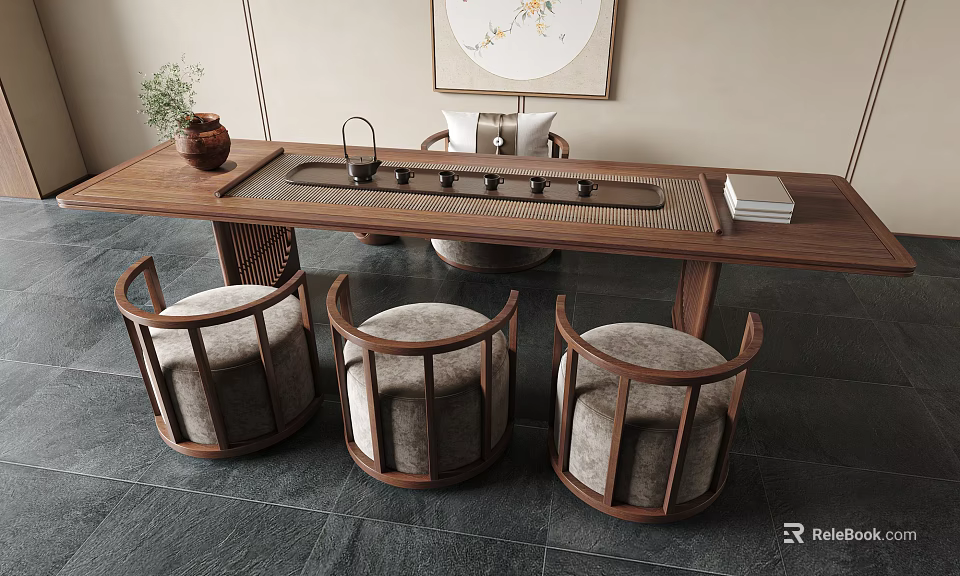 Traditional Wooden Tea Table With Round Chairs And Tea Set Decor 3d model 