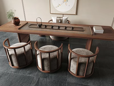 Traditional Wooden Tea Table With Round Chairs And Tea Set Decor 3d model