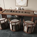 Traditional Wooden Tea Table With Round Chairs And Tea Set Decor 3d model
