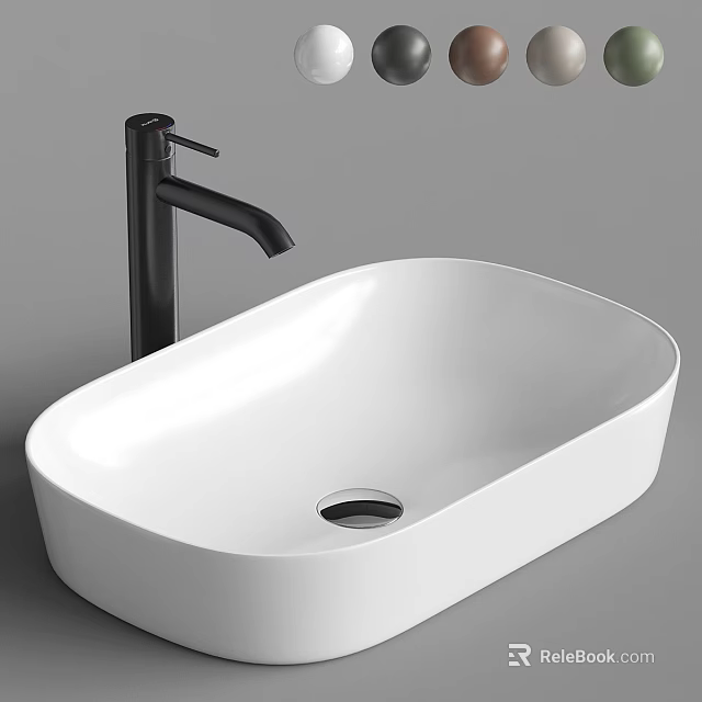 White Oval Modern Washbasin with Black Faucet Ceramic Material Minimalist Bathroom Design 3d model 