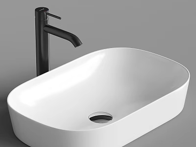 White Oval Modern Washbasin with Black Faucet Ceramic Material Minimalist Bathroom Design 3d model