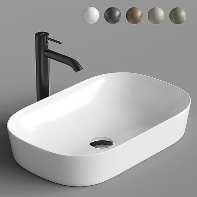 White Oval Modern Washbasin with Black Faucet Ceramic Material Minimalist Bathroom Design 3d model