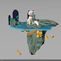 Whimsical 3D Floating Island Scene With White Cat Colorful Mushrooms And Small Fish