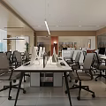 Modern Office Open Layout With Large Windows Sea View Desks Computers Ergonomic Chairs And Bookshelves