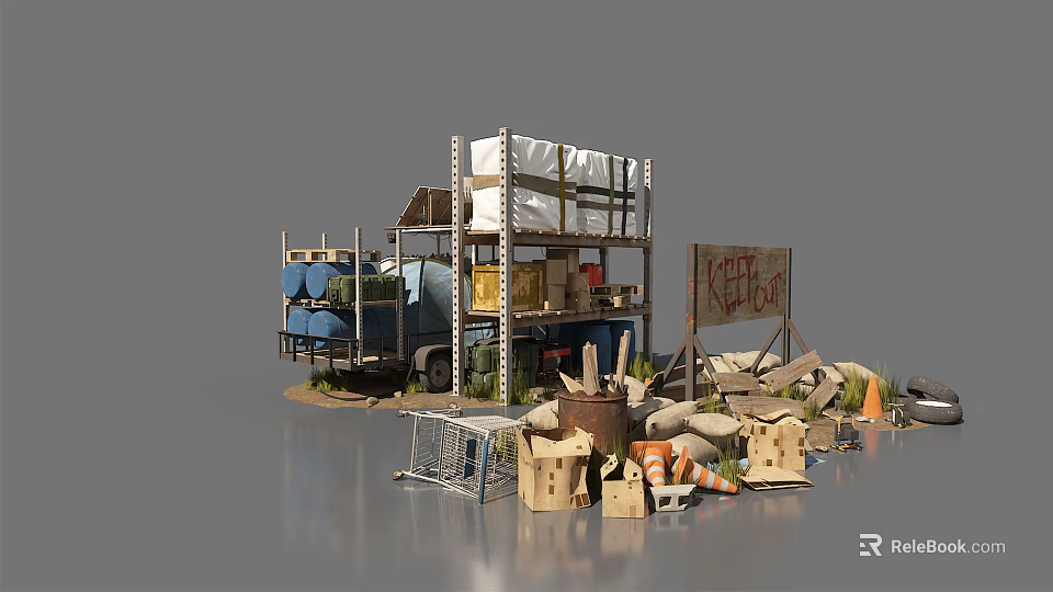 Road Facilities With Storage Racks Packages KEEP OUT Sign Barrels Sandbags And Traffic Cones 3d model 
