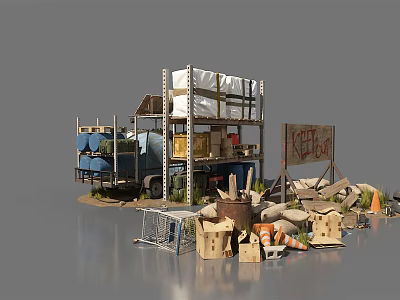 Road Facilities With Storage Racks Packages KEEP OUT Sign Barrels Sandbags And Traffic Cones 3d model