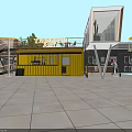 Modern Commercial Street Featuring Unique Architecture Coffee Shop Evening Lighting And Reflective Ground