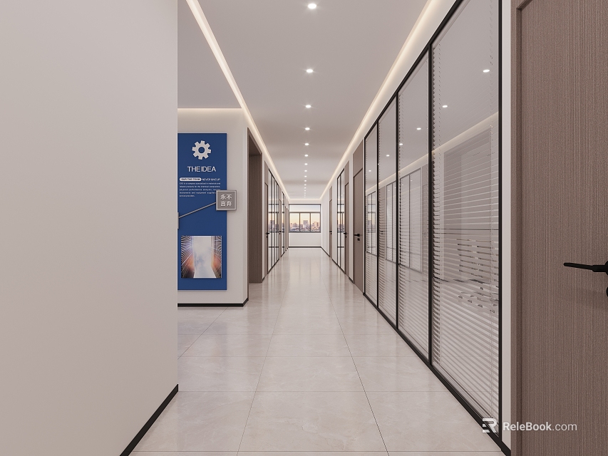Modern Office Corridor With Glass Partitions White Walls Tiled Floor Ceiling Lights And Poster 3d model 