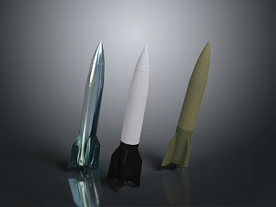Three Different Colored Rocket Weapons Displayed As 3D Models On Gray Background 3d model