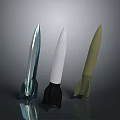 Three Different Colored Rocket Weapons Displayed As 3D Models On Gray Background