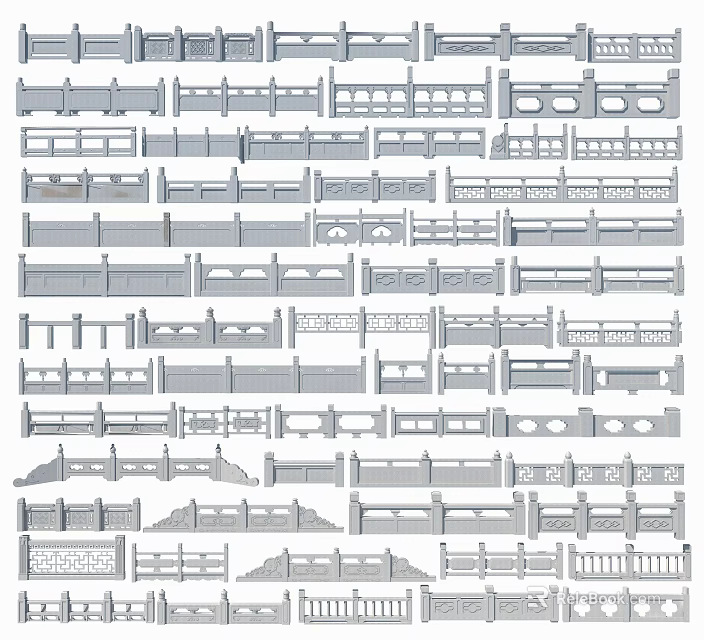 Various Decorative Fence Designs Featuring Different Patterns And Architectural Styles 3d model