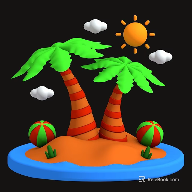 Decorative Ornament Set With Palm Trees Sun Clouds Sand And Colorful Balls 3d model 