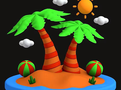 Decorative Ornament Set With Palm Trees Sun Clouds Sand And Colorful Balls 3d model