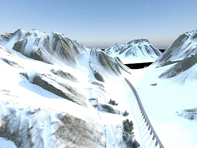 Modern Swing Door Design with Snowy Mountain View and Scenic Railway Track 3d model
