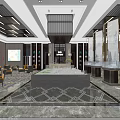 Sales Office Interior With Yellow And Gray Chairs Tables Large Windows And Ceiling Decorations