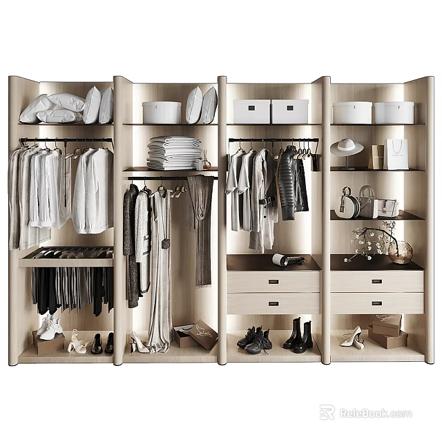 Modern Organized Wardrobe Interior With Storage Shelves Drawers Boxes Hanging Clothes And Shoes 3d model 