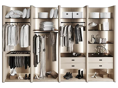 Modern Organized Wardrobe Interior With Storage Shelves Drawers Boxes Hanging Clothes And Shoes 3d model