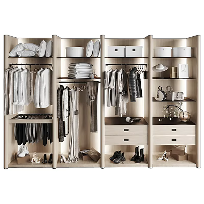 Modern Organized Wardrobe Interior With Storage Shelves Drawers Boxes Hanging Clothes And Shoes 3d model