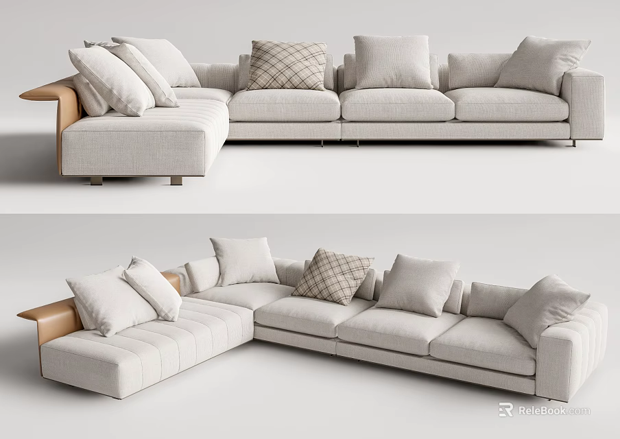 Modern Light Colored L shaped Sectional Sofa with Plaid Cushions and Wooden Armrests 3d model 