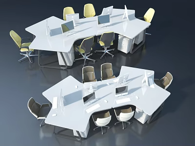 Hinged Door In Office Workspace With White Desks Computers Yellow Gray Chairs 3d model
