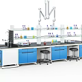 Modern Laboratory Workbench Setup With Blue Cabinets Yellow Warning Signs And Glass Shelves