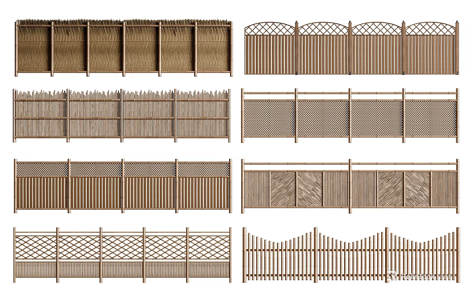 Various Wooden Fence Design Styles With Different Patterns And Decorative Structures 3d model