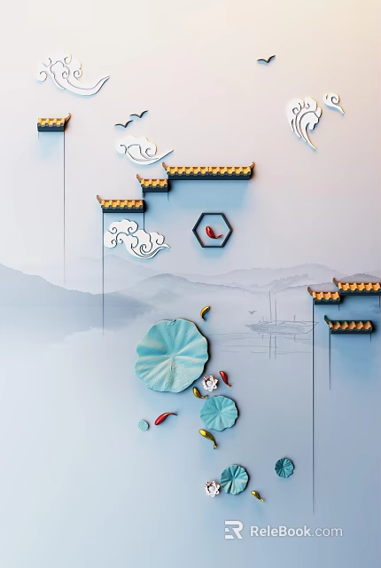 Chinese Style Wall Decor With Eaves Cloud Patterns Lotus Leaf And Red Fish Landscape 3d model