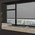 Window Seat Design With Black Blinds Marble Countertop City View And Potted Plant