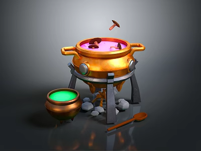 Enchanted Cauldron Setup With Golden Tripod Green Pot Stones And Wooden Spoon 3d model