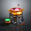 Enchanted Cauldron Setup With Golden Tripod Green Pot Stones And Wooden Spoon