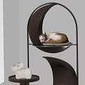 Moon Shaped Wooden Cat Tree with Cat Sleeping on Top and Plush Toy
