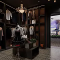Elegant Clothing Store Interior With Red Walls Chandeliers Dark Shelves Mannequin Hanging Clothes