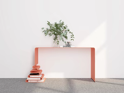 White Wall With Orange Curved Table Green Plant Book And Stack Of Orange White Books 3d model