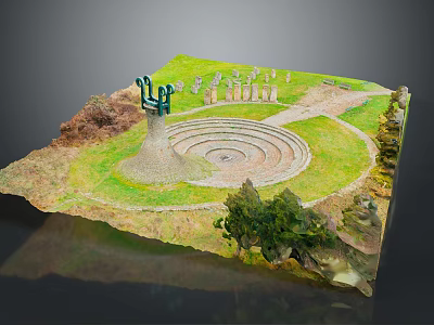 Wood and Stone Garden Model Design with Spiral Path and Decorative Structures in Green Landscape 3d model