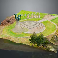 Wood and Stone Garden Model Design with Spiral Path and Decorative Structures in Green Landscape