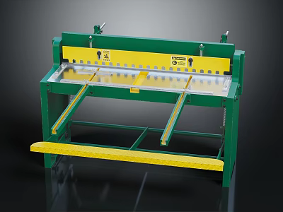 Green Frame Manual Metal Shear With Yellow Foot Pedal And Worktable 3d model